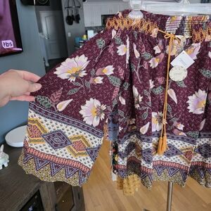 ODDY Burgundy Floral Skirt with Yellow Accents